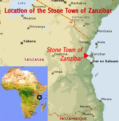 Map showing the location of the Stone Town of Zanzibar UNESCO world heritage site, Tanzania